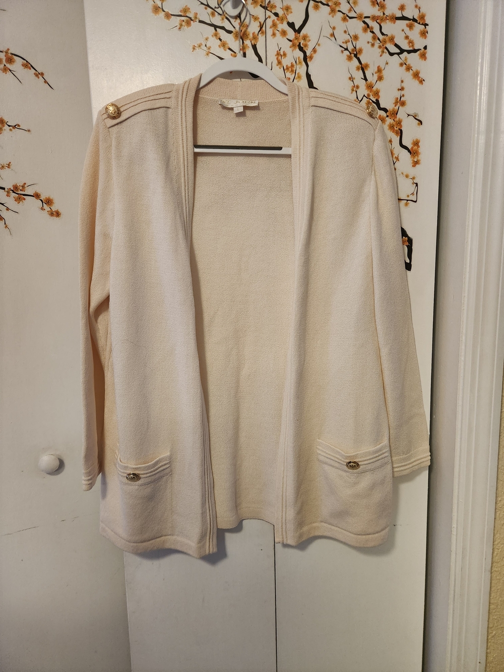 St. John Cream Open-Front Cardigan with Gold Buttons
